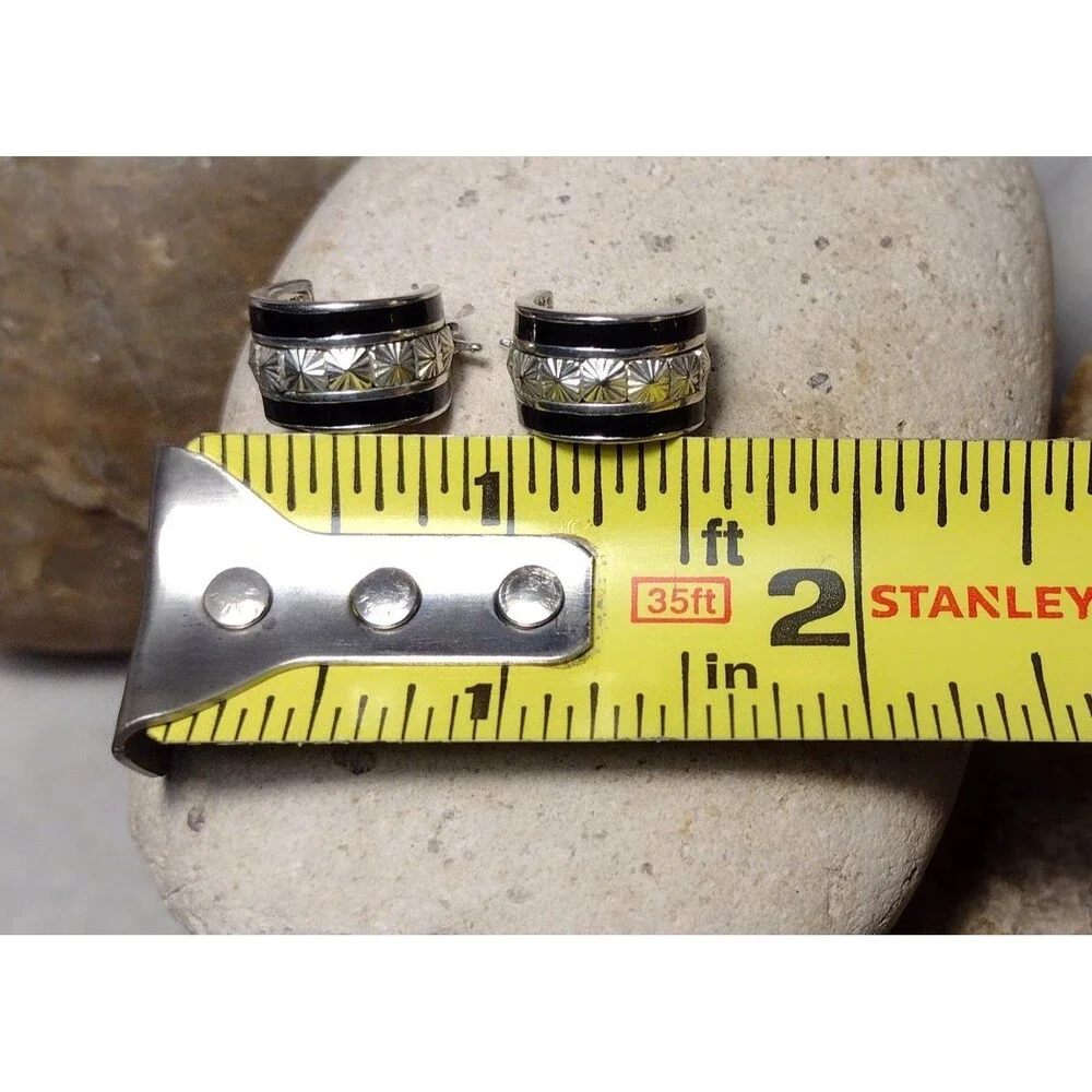 VTG CX Bright Cut Sterling Silver 925 Black Enamel Wide Hoop Hugger Earrings